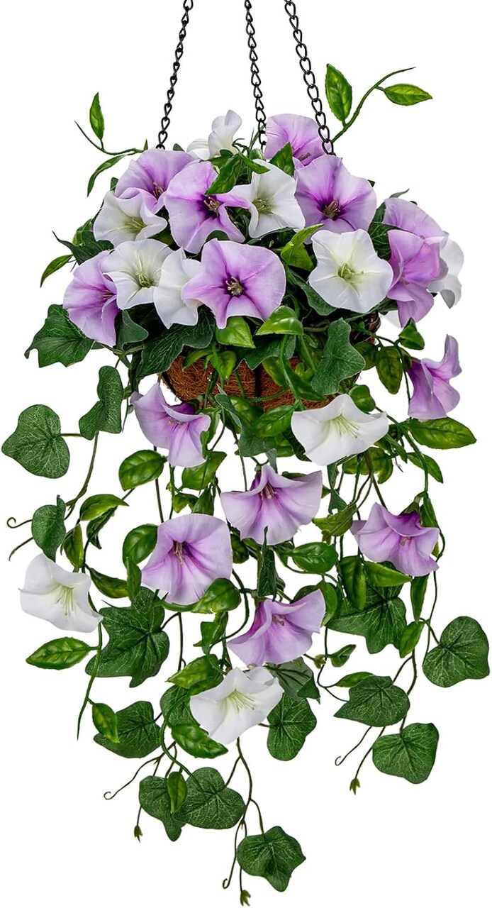Artificial Hanging Flowers for Outdoors, Fake Hanging Morning Glory Plants & Flowers (White Purple)